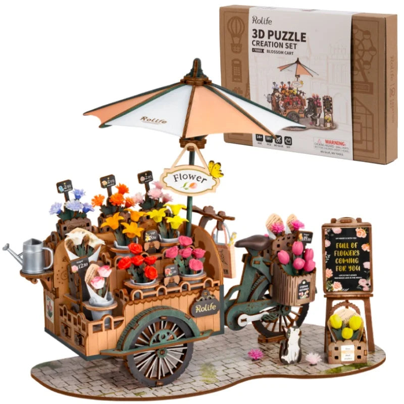 Blossom flower cart 3D wooden puzzle model kit, decorative DIY craft display for adults