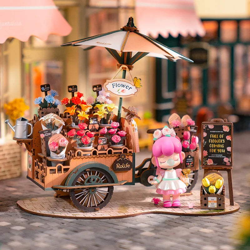Blossom flower cart 3D wooden puzzle model kit, decorative DIY craft display for adults