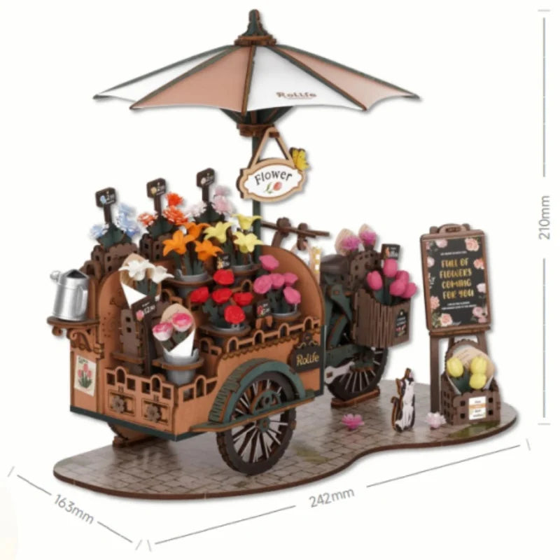 Blossom flower cart 3D wooden puzzle model kit, decorative DIY craft display for adults