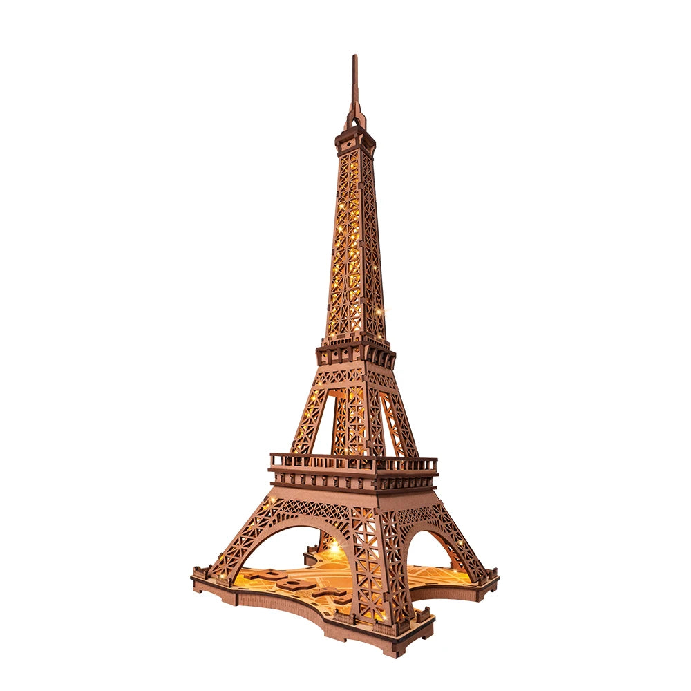 Eiffel Tower 3D wooden puzzle model kit with LED light, illuminated DIY landmark build