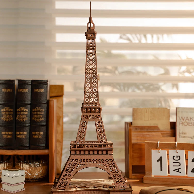 Eiffel Tower 3D wooden puzzle model kit with LED light, illuminated DIY landmark build