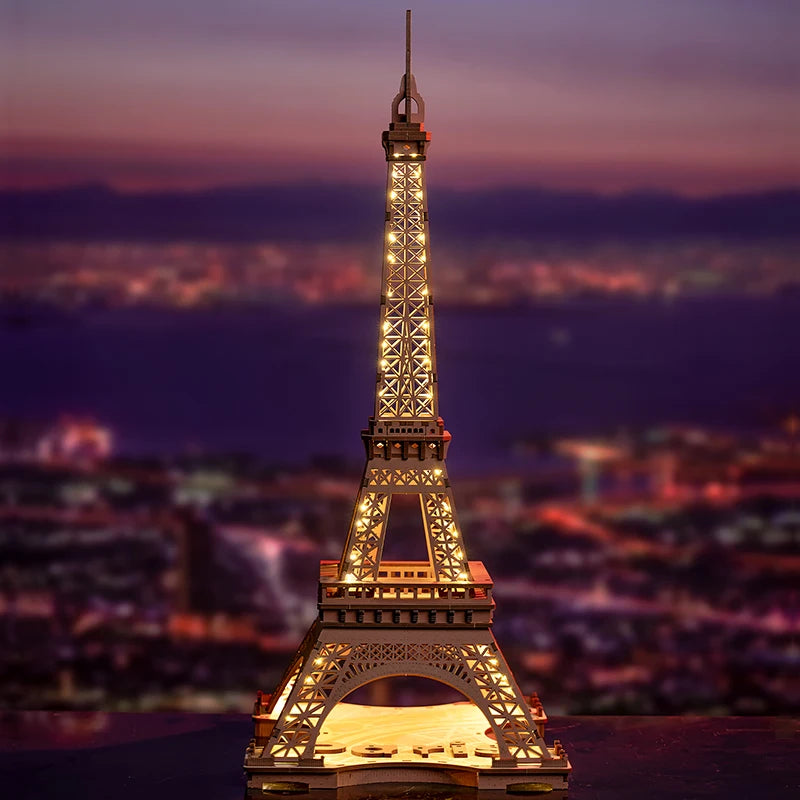 Eiffel Tower 3D wooden puzzle model kit with LED light, illuminated DIY landmark build