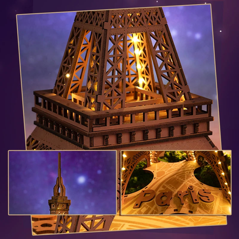 Eiffel Tower 3D wooden puzzle model kit with LED light, illuminated DIY landmark build