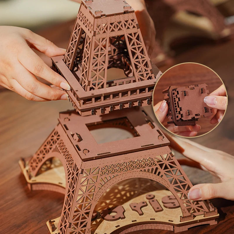 Eiffel Tower 3D wooden puzzle model kit with LED light, illuminated DIY landmark build