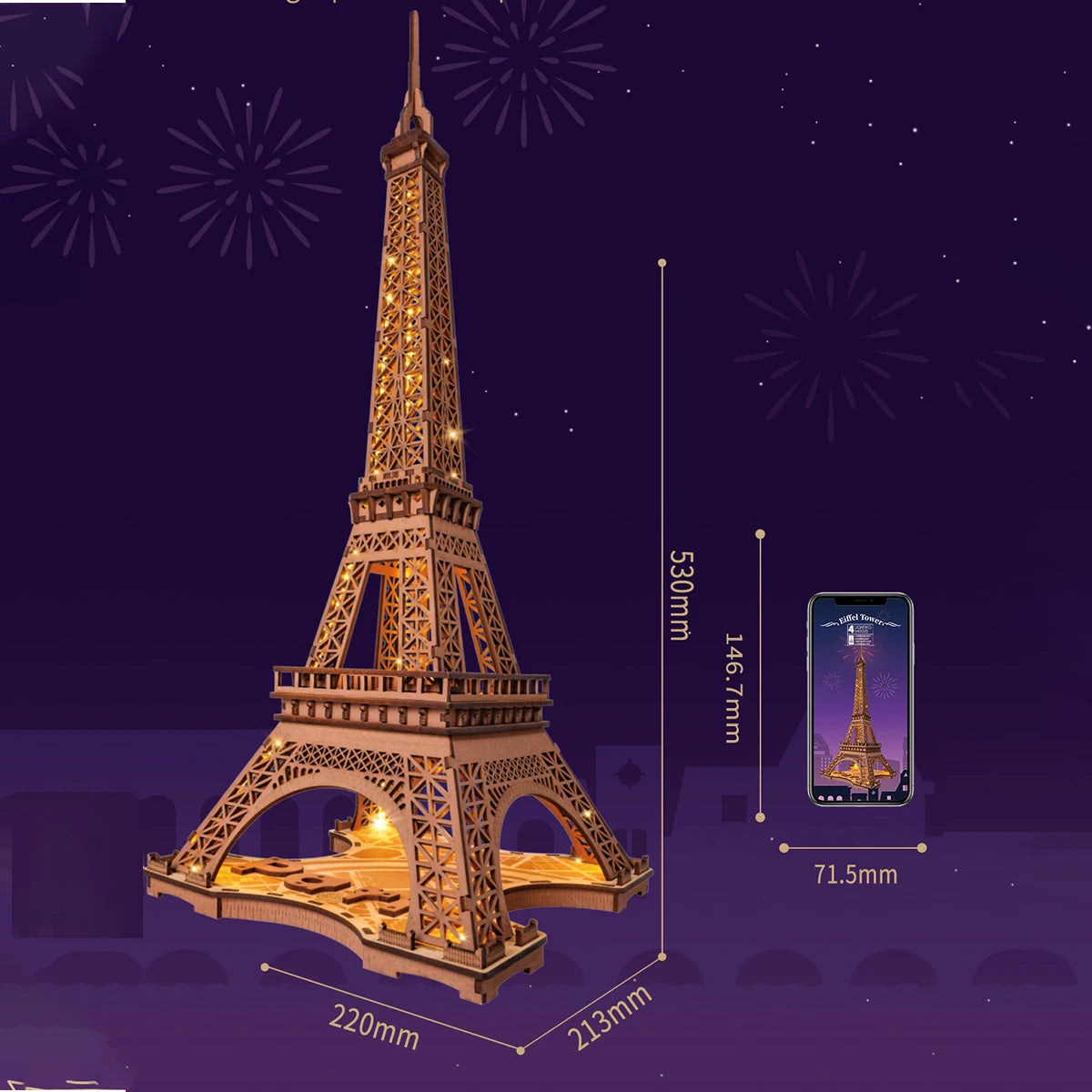 Eiffel Tower 3D wooden puzzle model kit with LED light, illuminated DIY landmark build