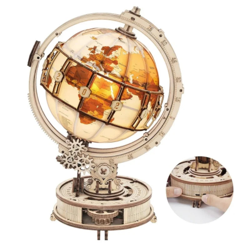 Rotating 3D wooden globe puzzle world model kit with LED light, illuminated desk display
