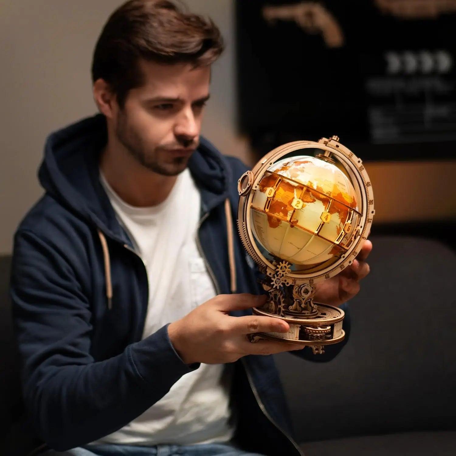 Rotating 3D wooden globe puzzle world model kit with LED light, illuminated desk display