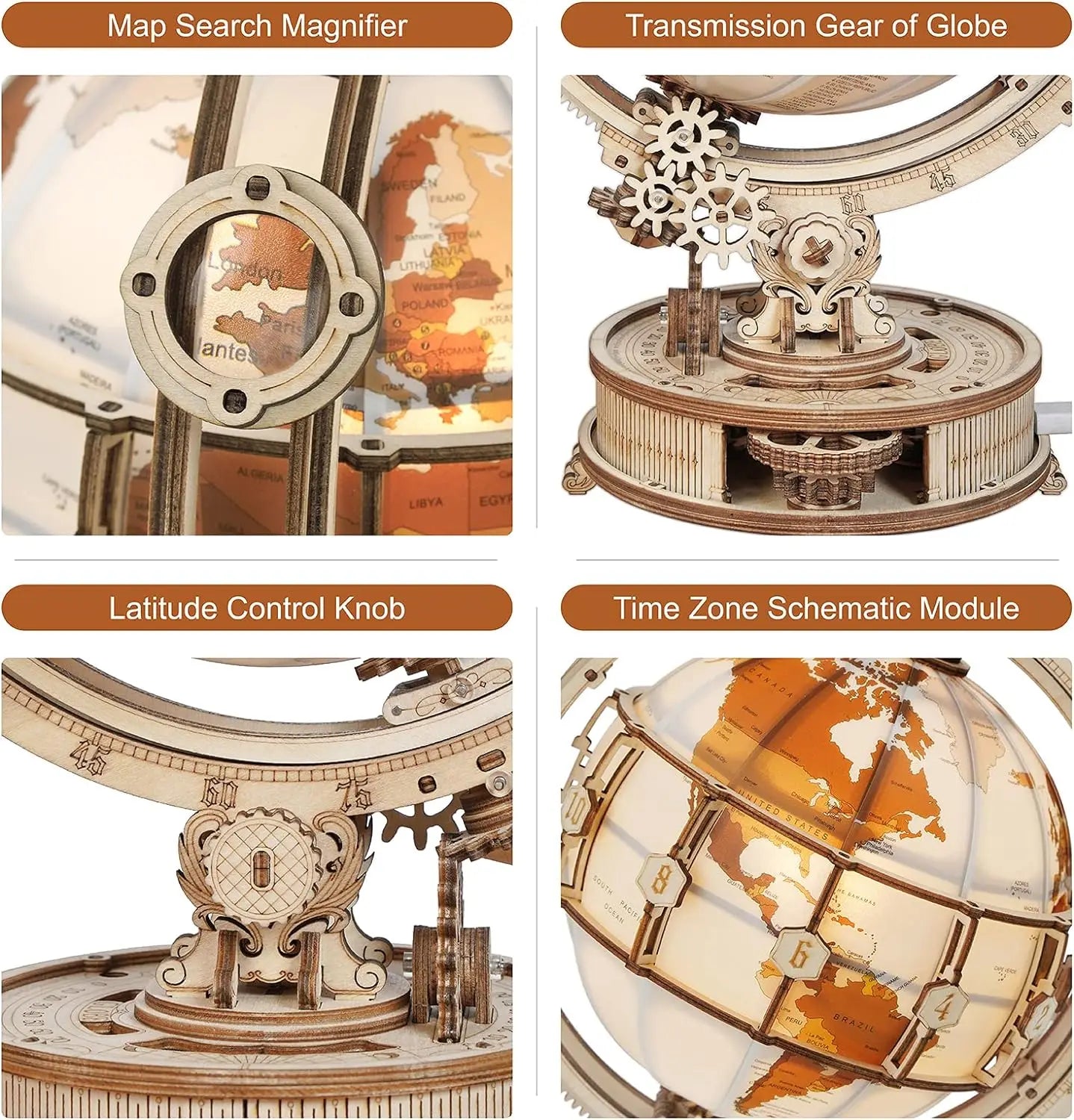 Rotating 3D wooden globe puzzle world model kit with LED light, illuminated desk display