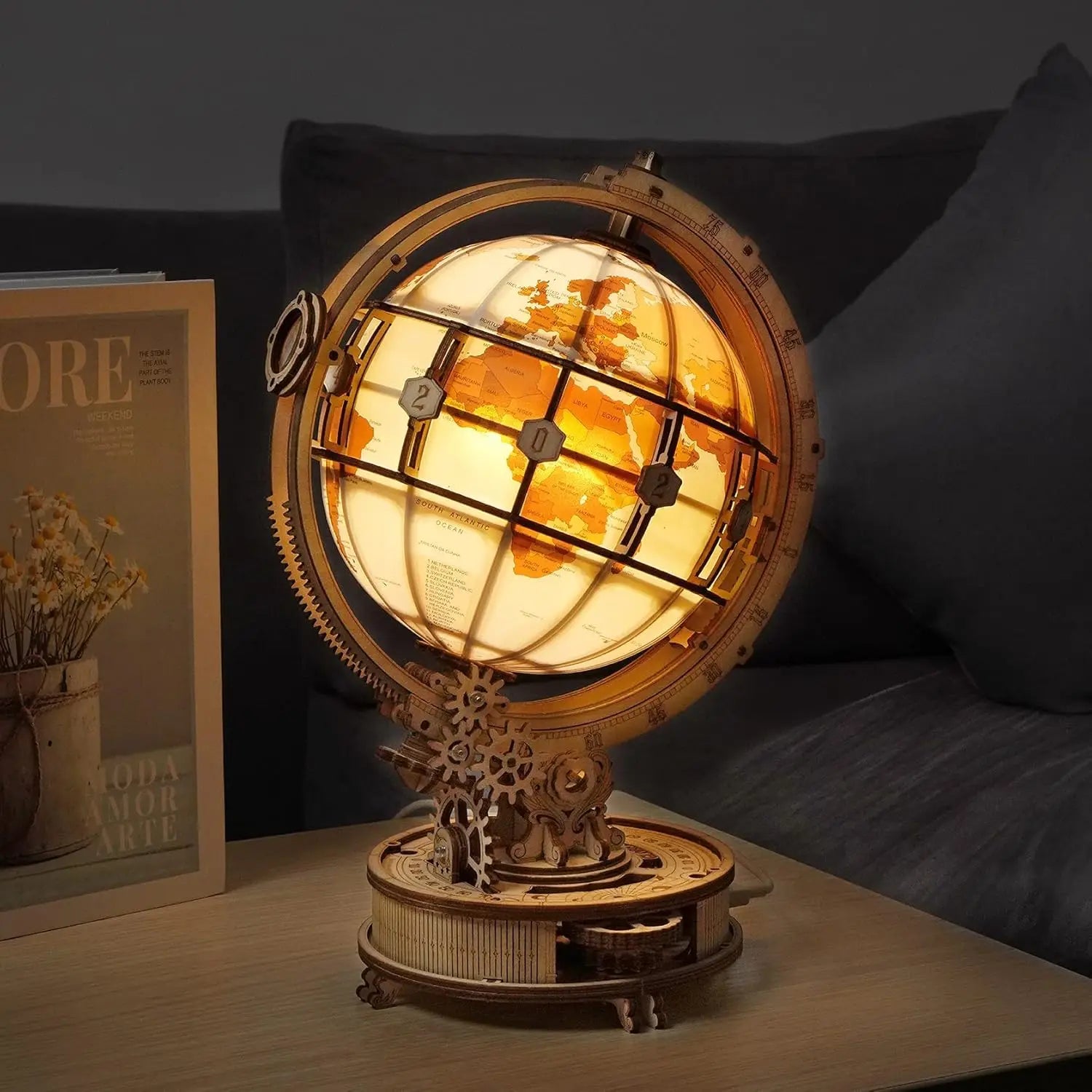 Rotating 3D wooden globe puzzle world model kit with LED light, illuminated desk display