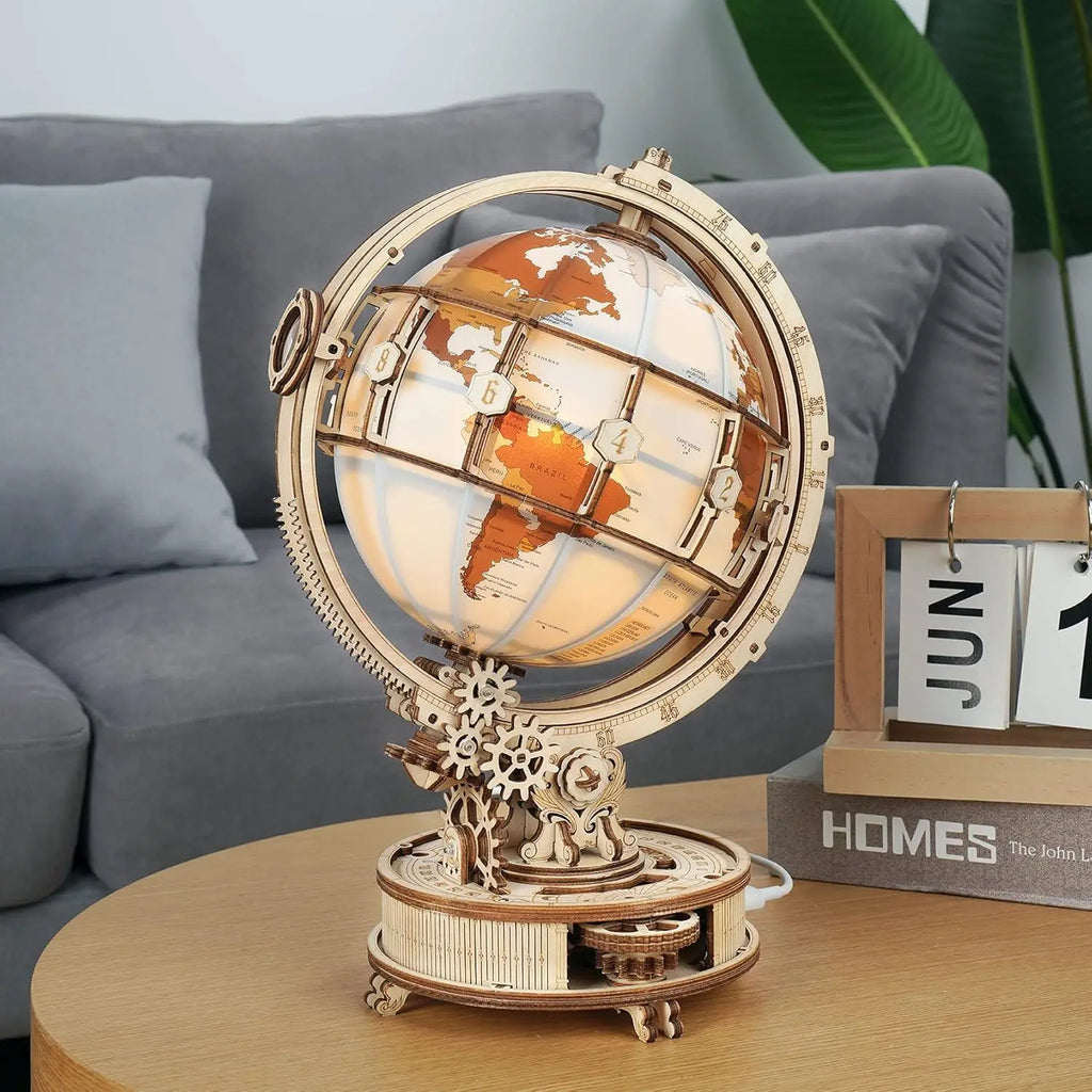 Rotating 3D wooden globe puzzle world model kit with LED light, illuminated desk display