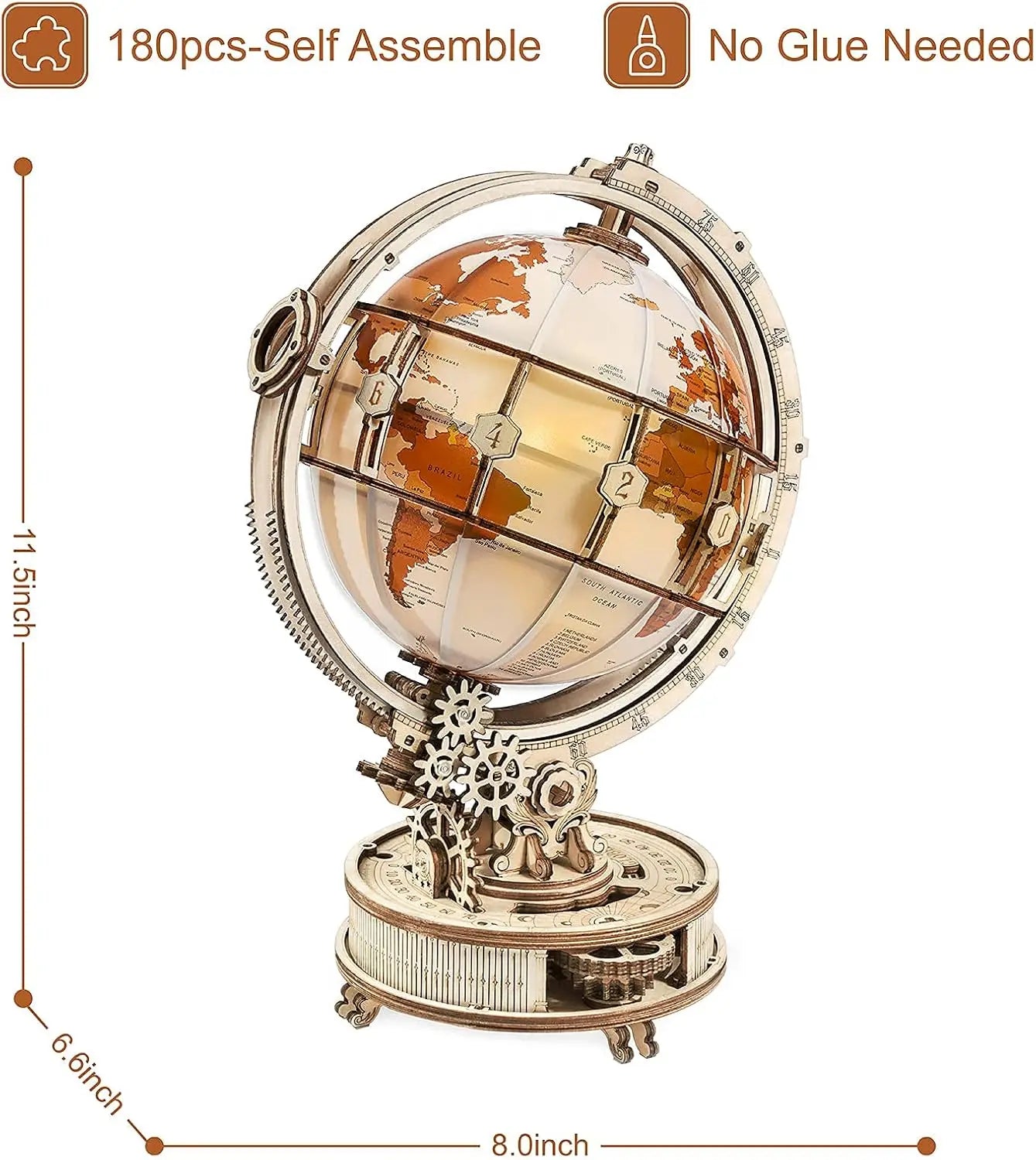 Rotating 3D wooden globe puzzle world model kit with LED light, illuminated desk display