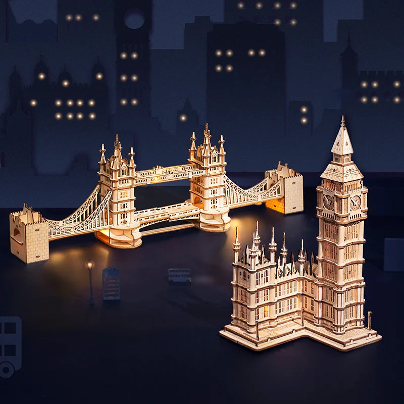 3D wooden landmark puzzle of Tower Bridge and Big Ben, DIY model building kit