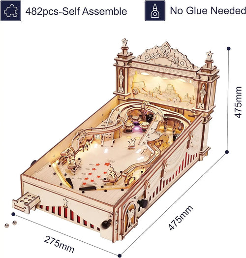 3D wooden pinball machine puzzle, 482-piece mechanical tabletop game model kit