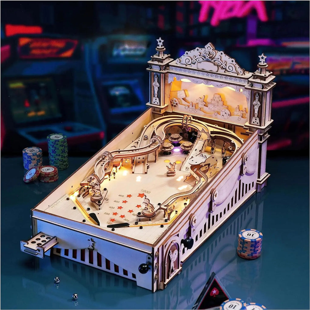 3D wooden pinball machine puzzle, 482-piece mechanical tabletop game model kit