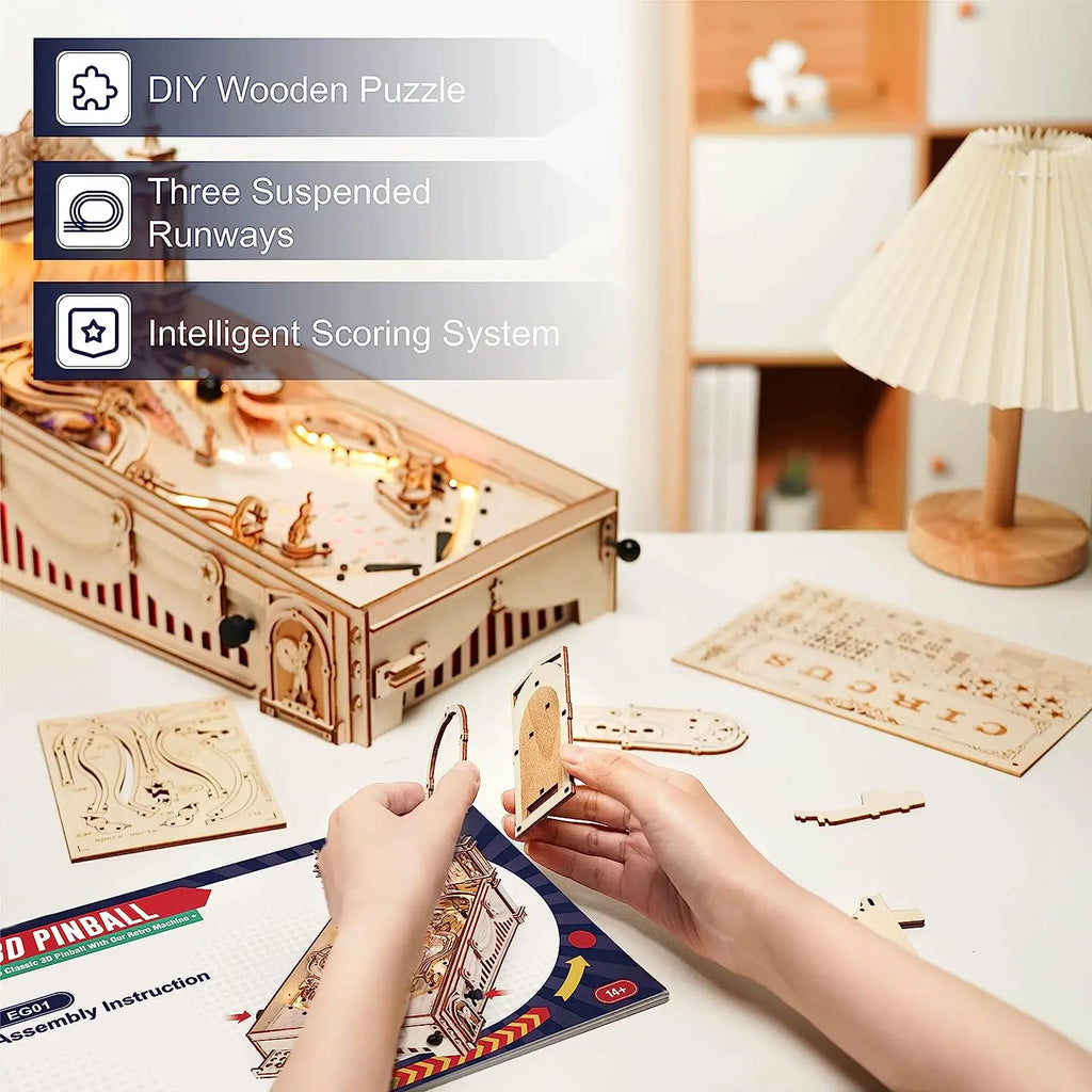 3D wooden pinball machine puzzle, 482-piece mechanical tabletop game model kit