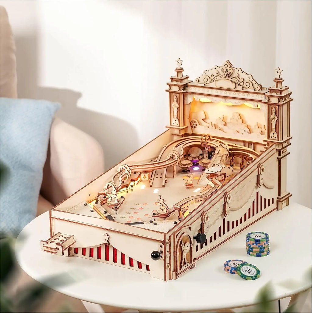 3D wooden pinball machine puzzle, 482-piece mechanical tabletop game model kit