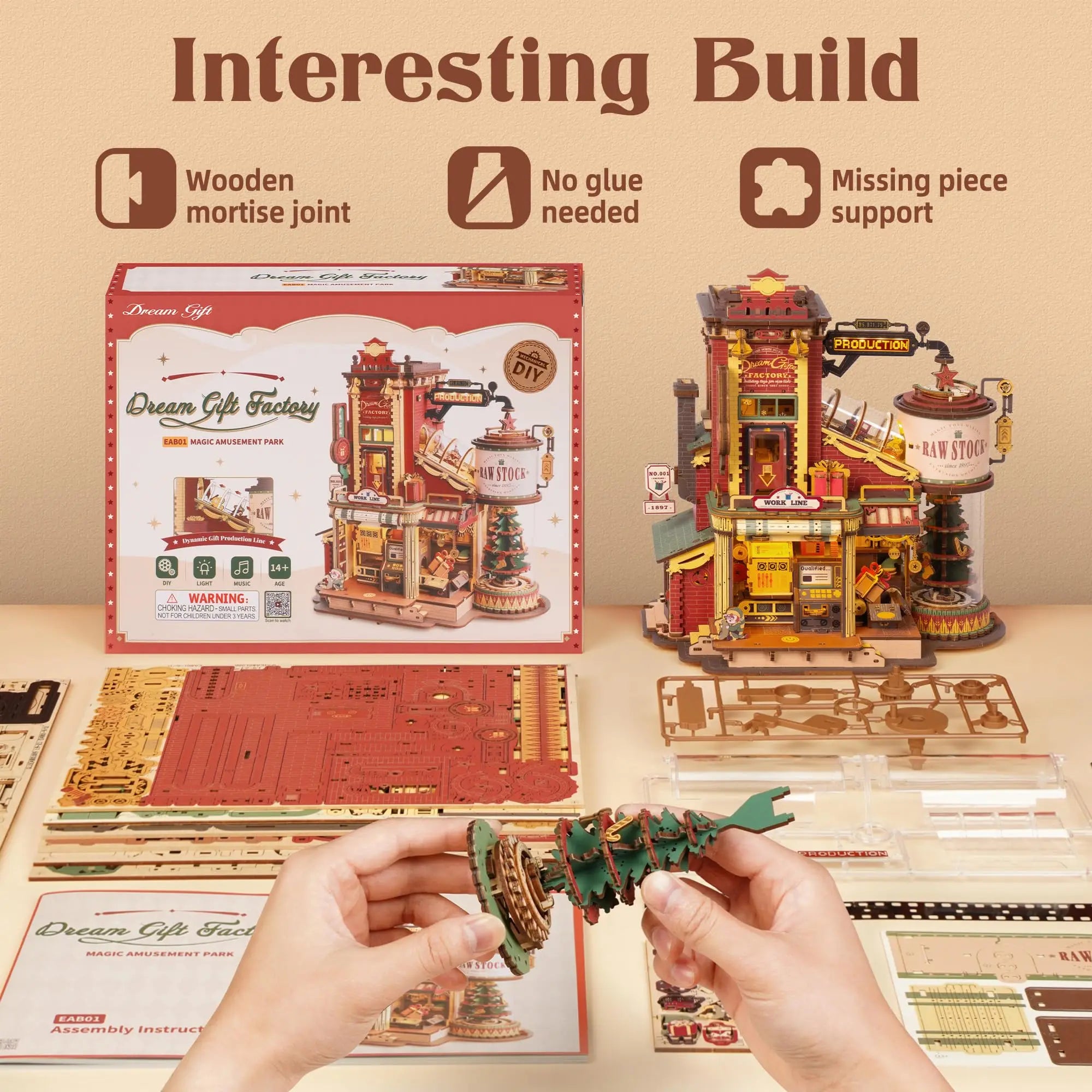 3D wooden puzzle Dream Factory model kit with light and music, DIY build for adults