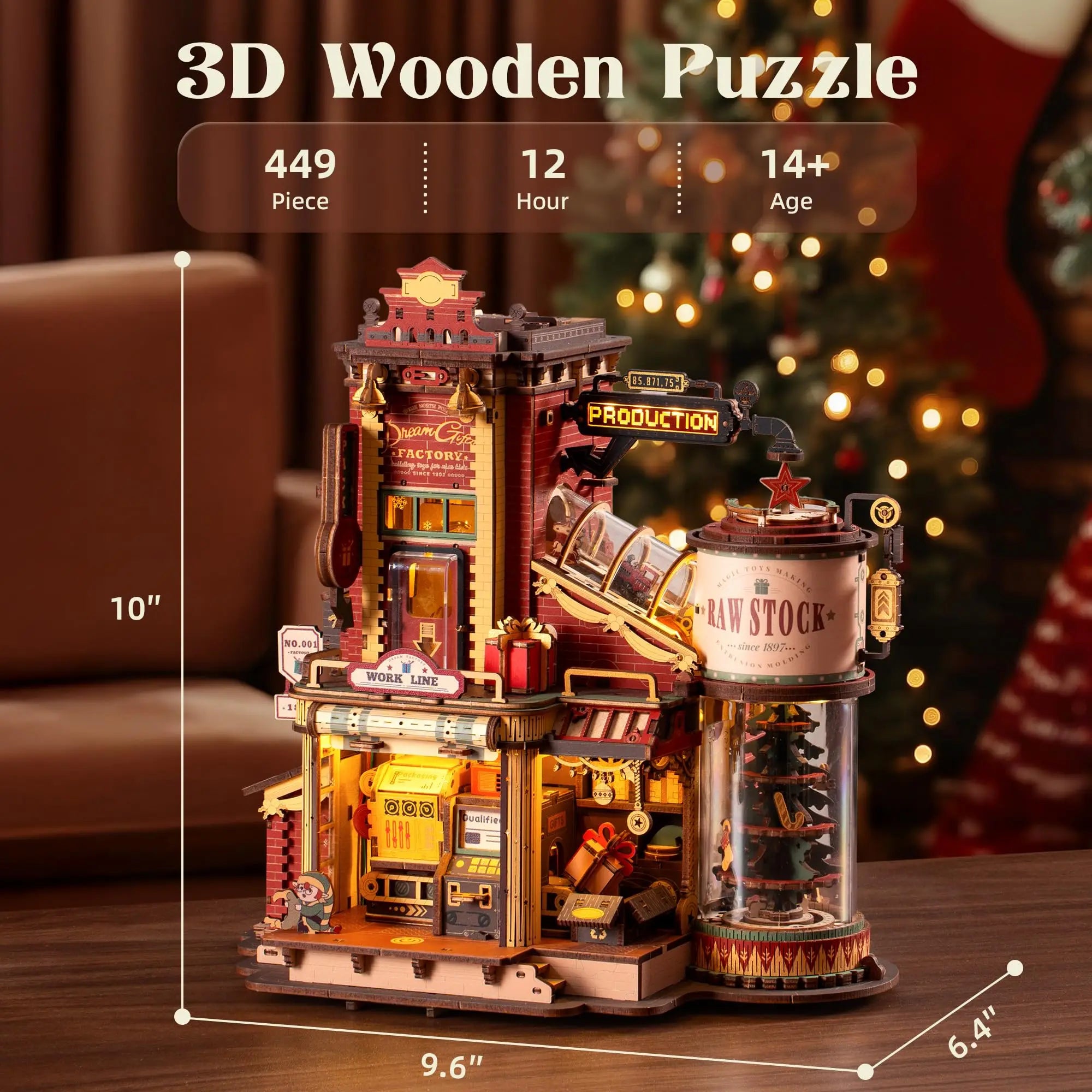 3D wooden puzzle Dream Factory model kit with light and music, DIY build for adults