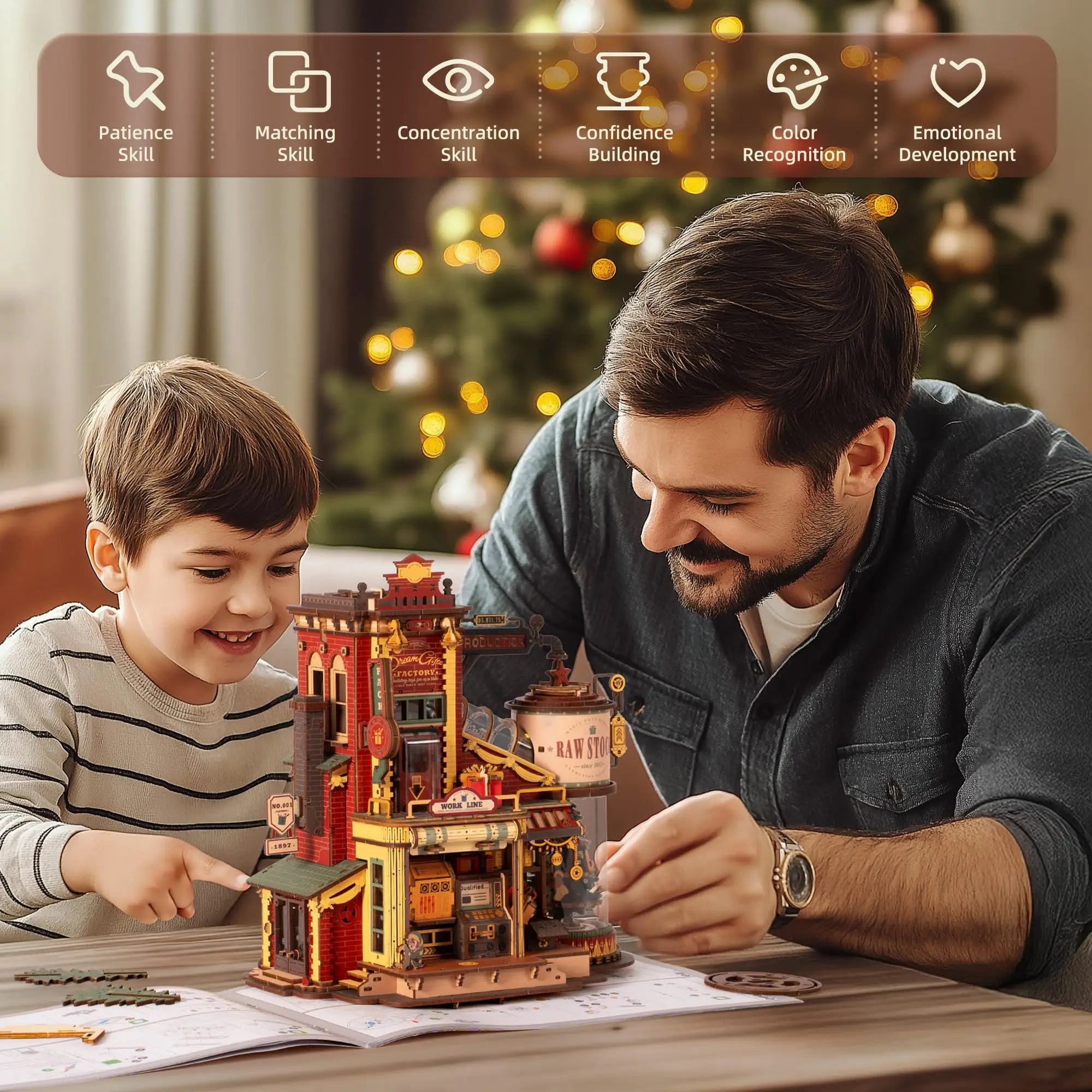 3D wooden puzzle Dream Factory model kit with light and music, DIY build for adults