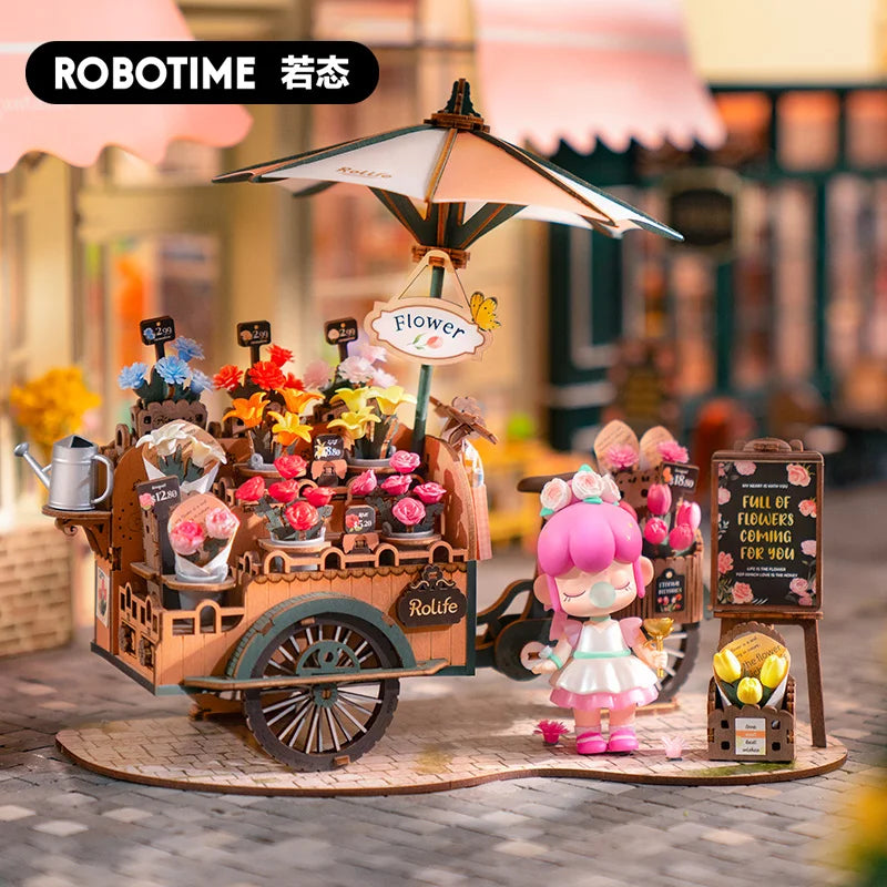 3D wooden flower cart puzzle model kit with multi-color blooms, no-glue DIY craft for adults