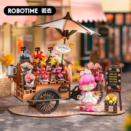 3D wooden flower cart puzzle model kit with multi-color blooms, no-glue DIY craft for adults