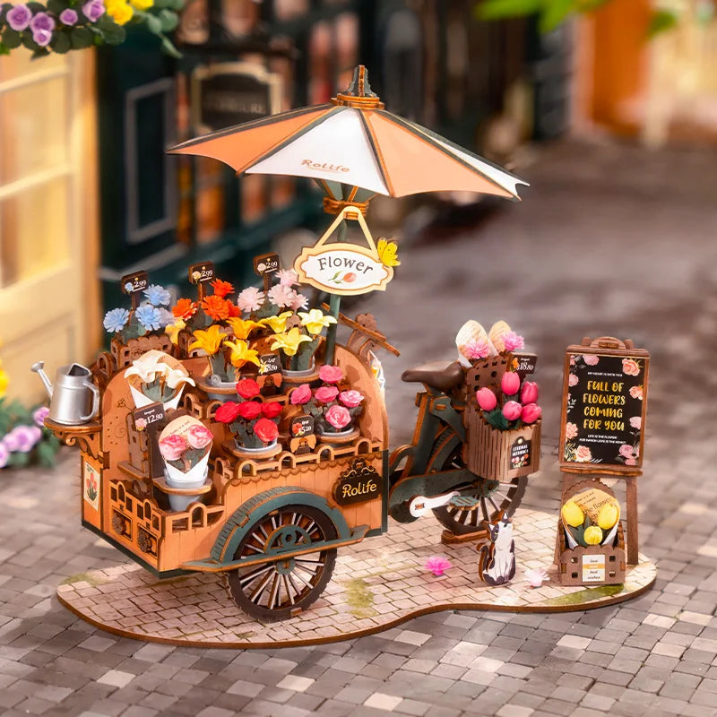 3D wooden flower cart puzzle model kit with multi-color blooms, no-glue DIY craft for adults