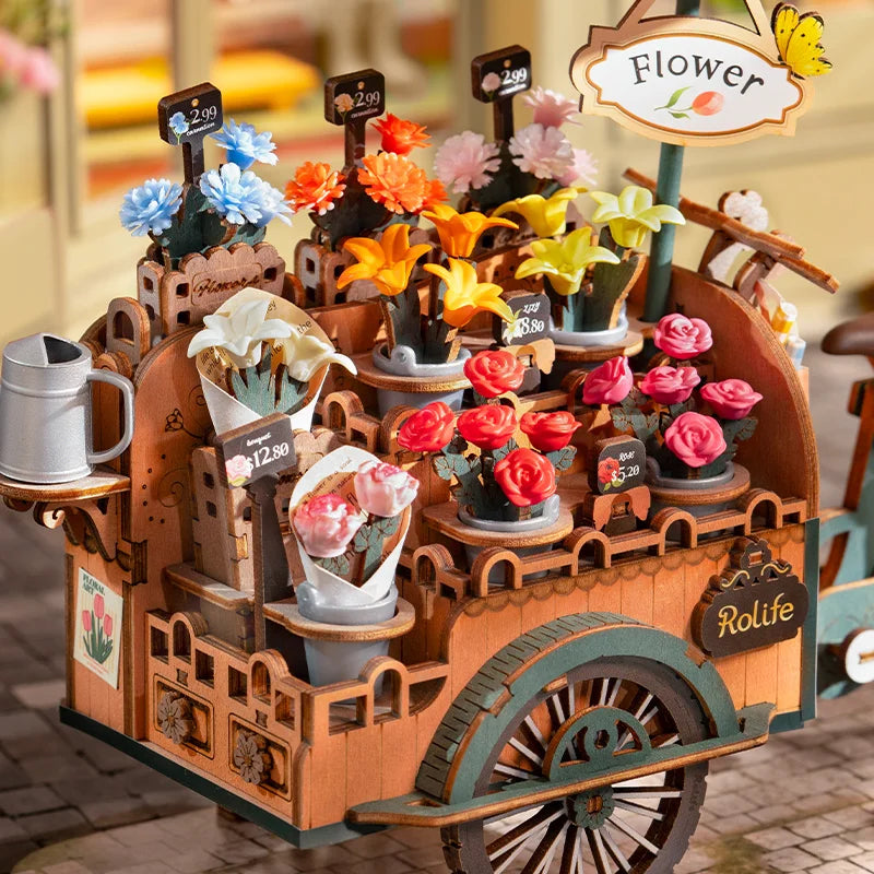 3D wooden flower cart puzzle model kit with multi-color blooms, no-glue DIY craft for adults