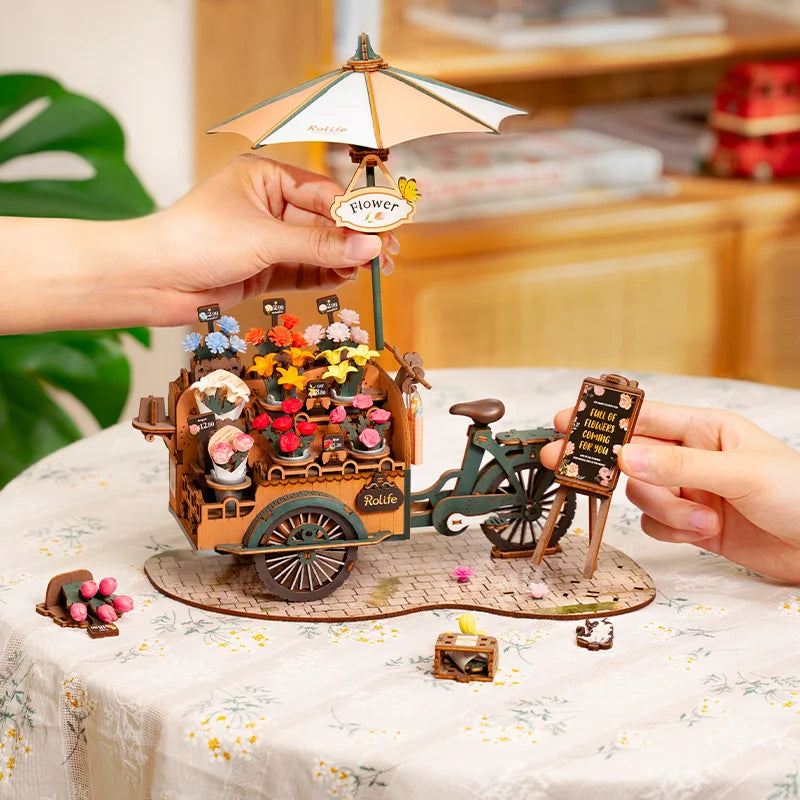 3D wooden flower cart puzzle model kit with multi-color blooms, no-glue DIY craft for adults