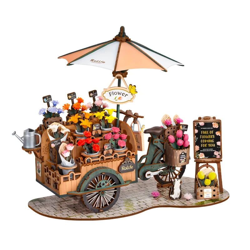 3D wooden flower cart puzzle model kit with multi-color blooms, no-glue DIY craft for adults