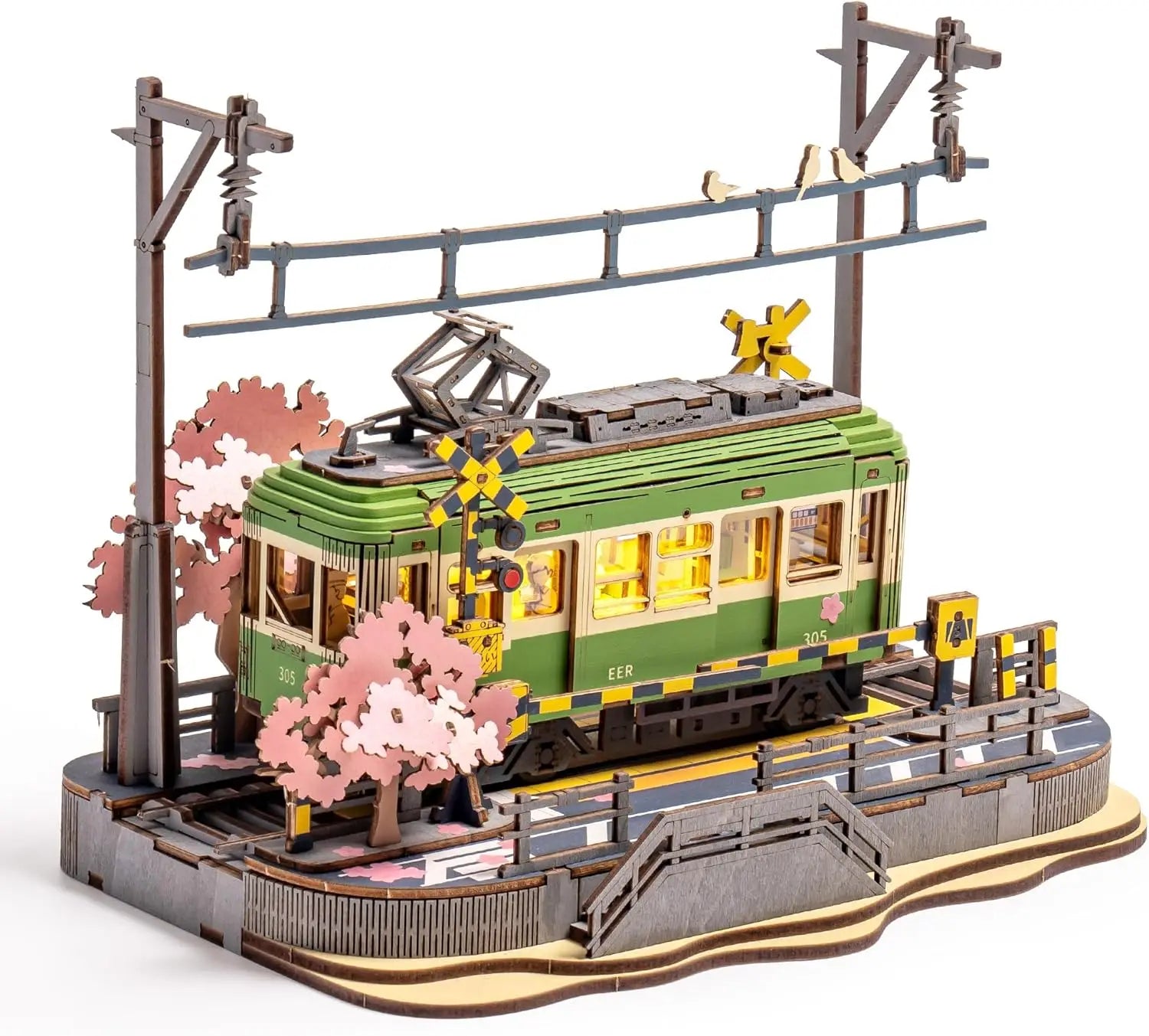 3D wooden Sakura tram puzzle with LED light, DIY model building craft kit for adults
