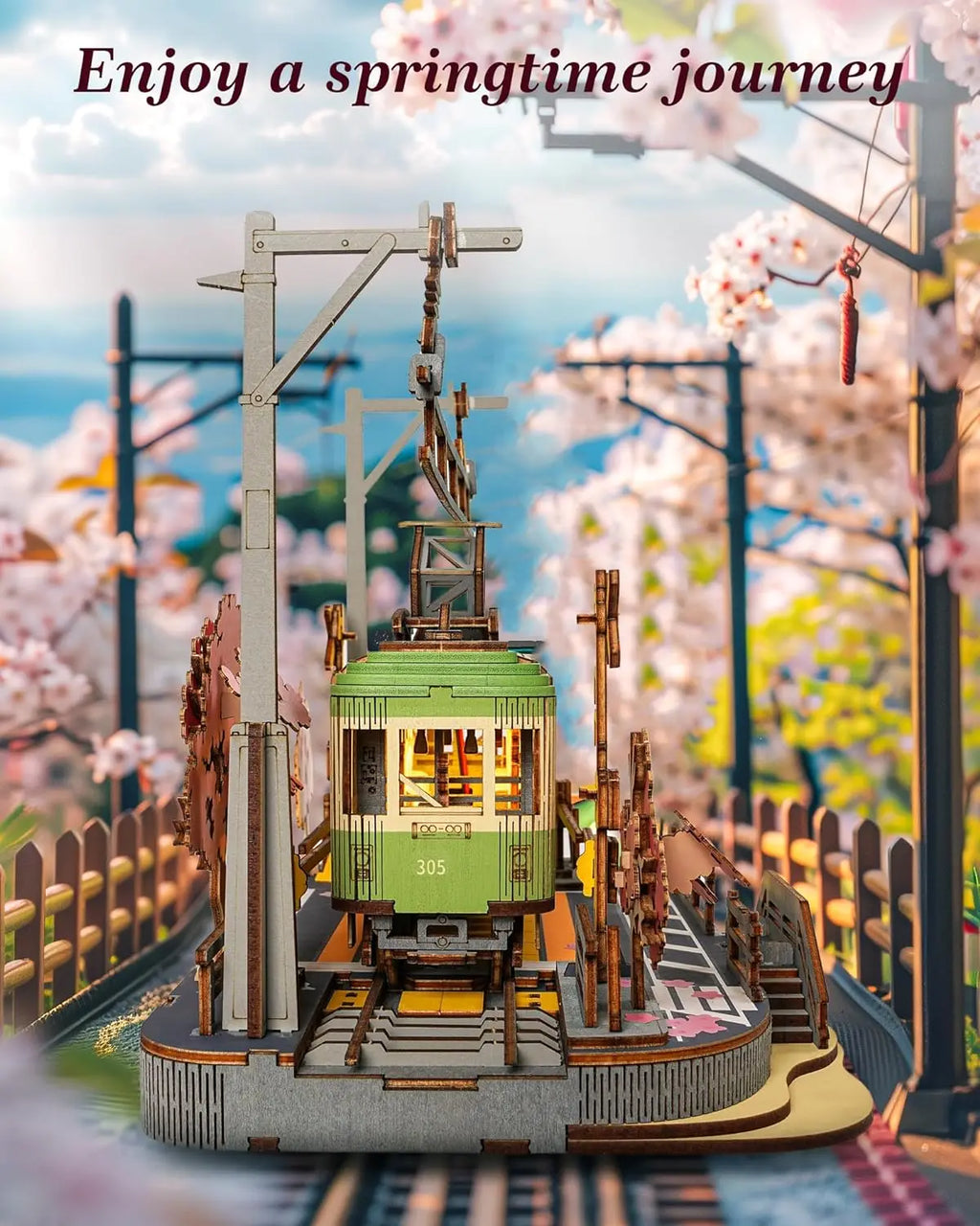 3D wooden Sakura tram puzzle with LED light, DIY model building craft kit for adults