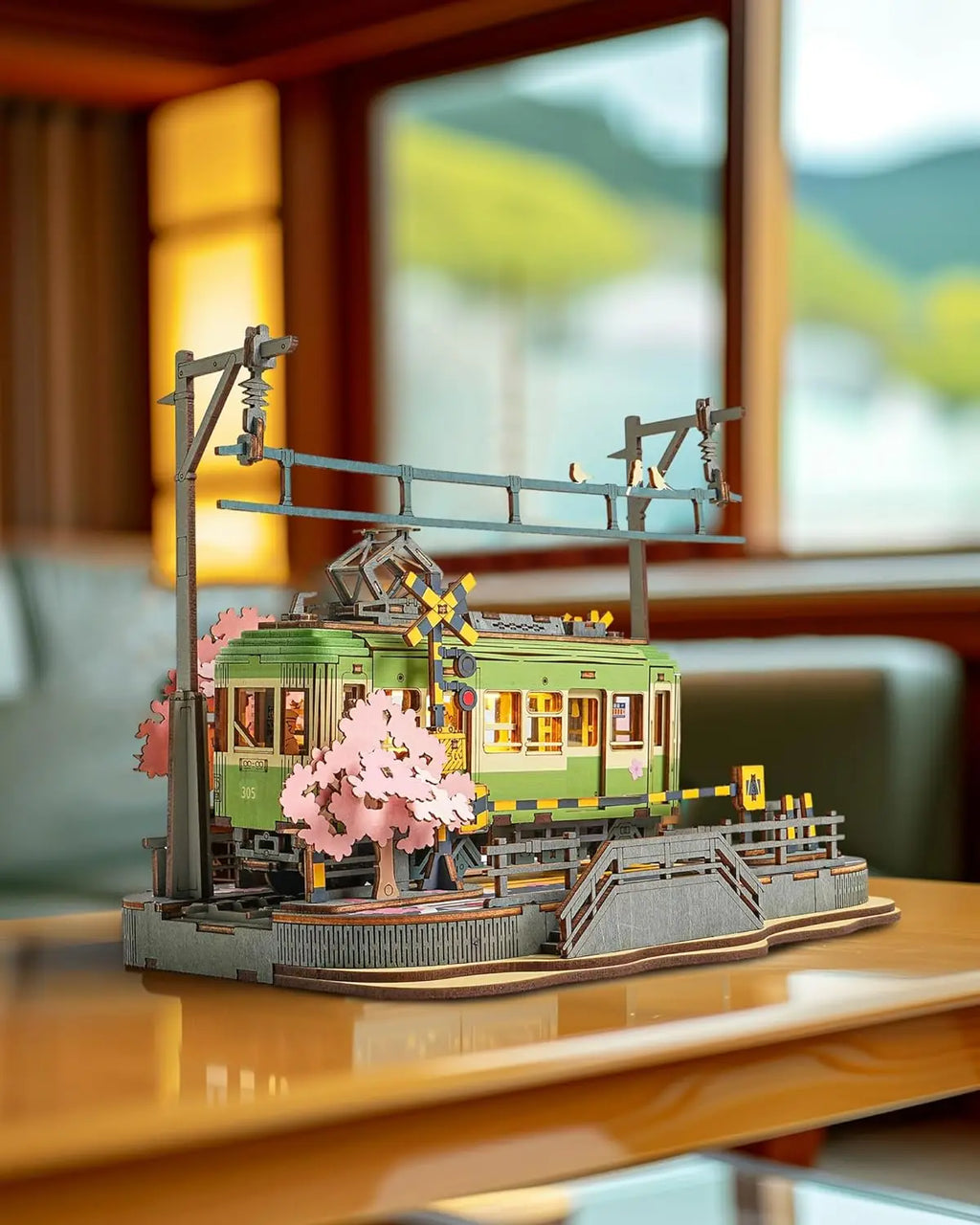 3D wooden Sakura tram puzzle with LED light, DIY model building craft kit for adults