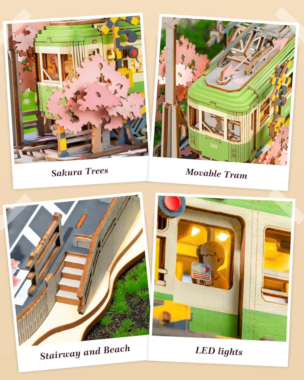 3D wooden Sakura tram puzzle with LED light, DIY model building craft kit for adults