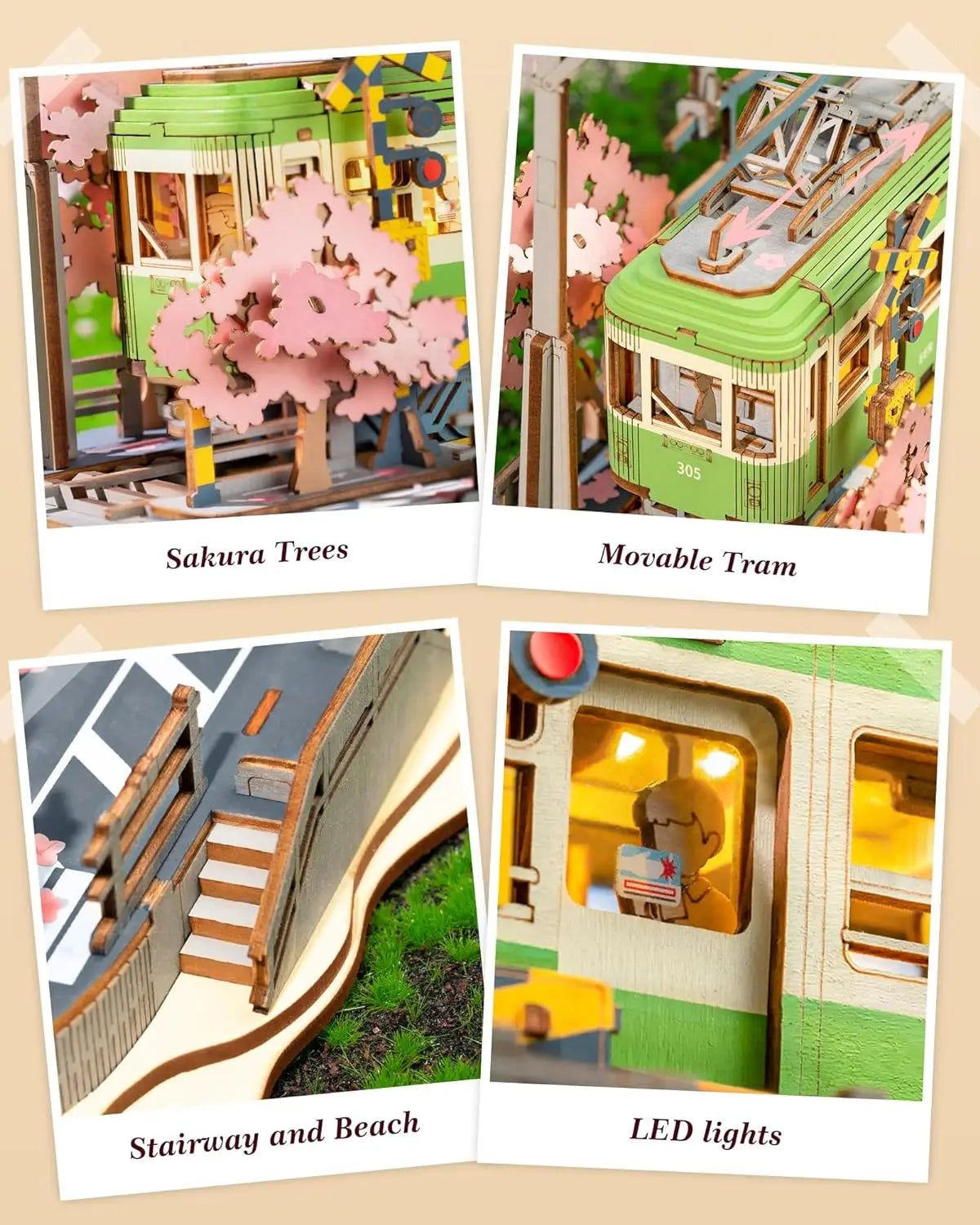 3D wooden Sakura tram puzzle with LED light, DIY model building craft kit for adults