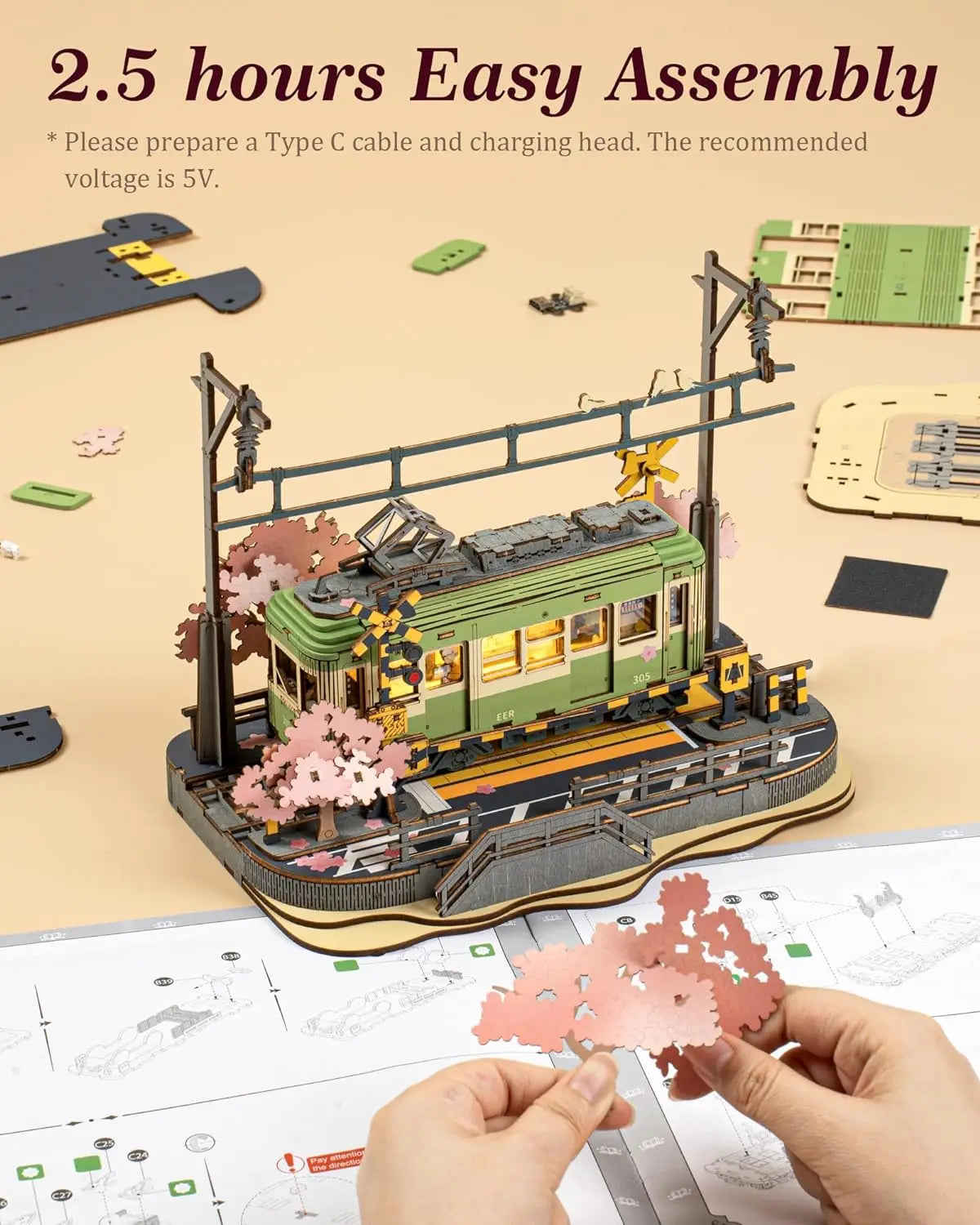 3D wooden Sakura tram puzzle with LED light, DIY model building craft kit for adults