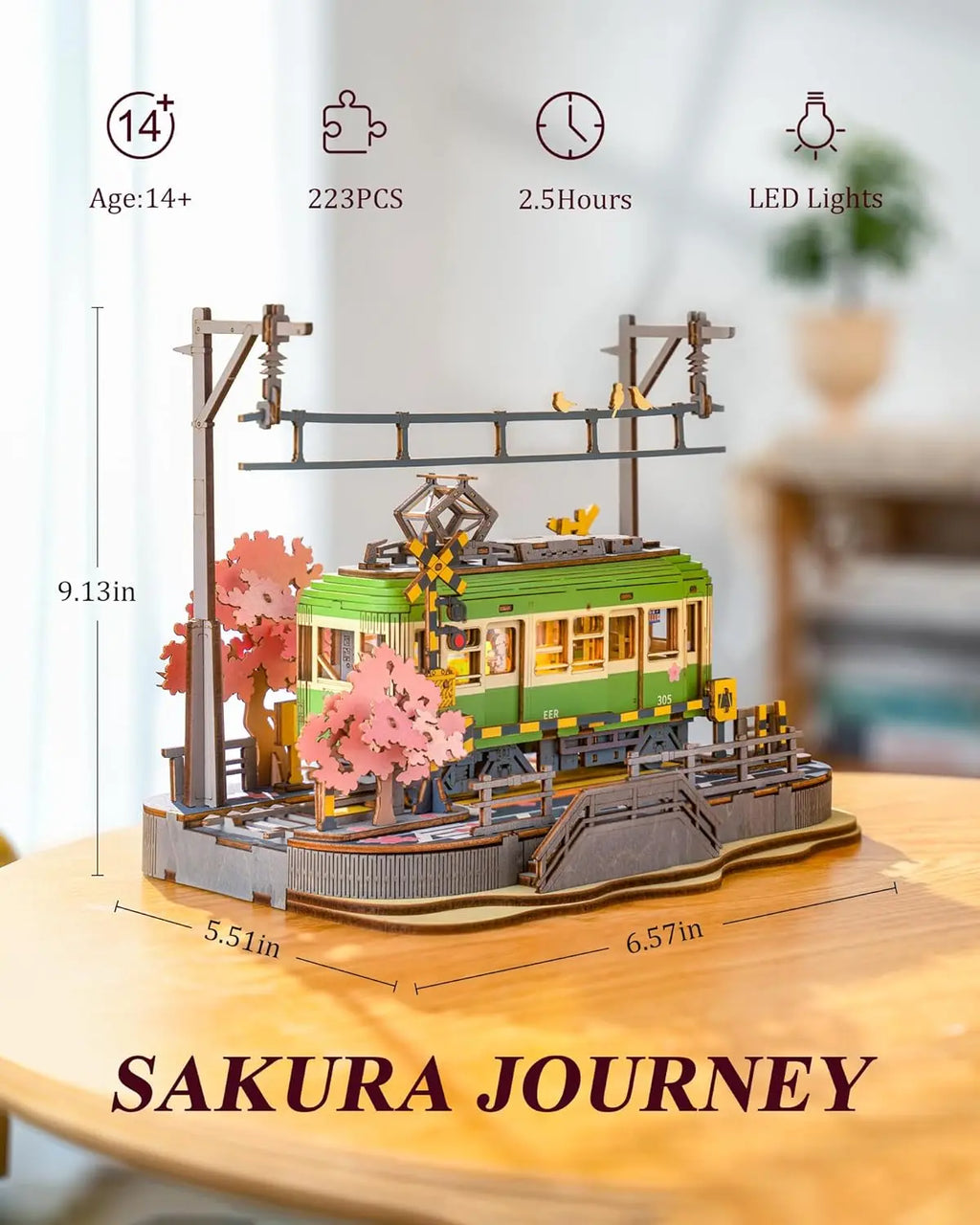 3D wooden Sakura tram puzzle with LED light, DIY model building craft kit for adults