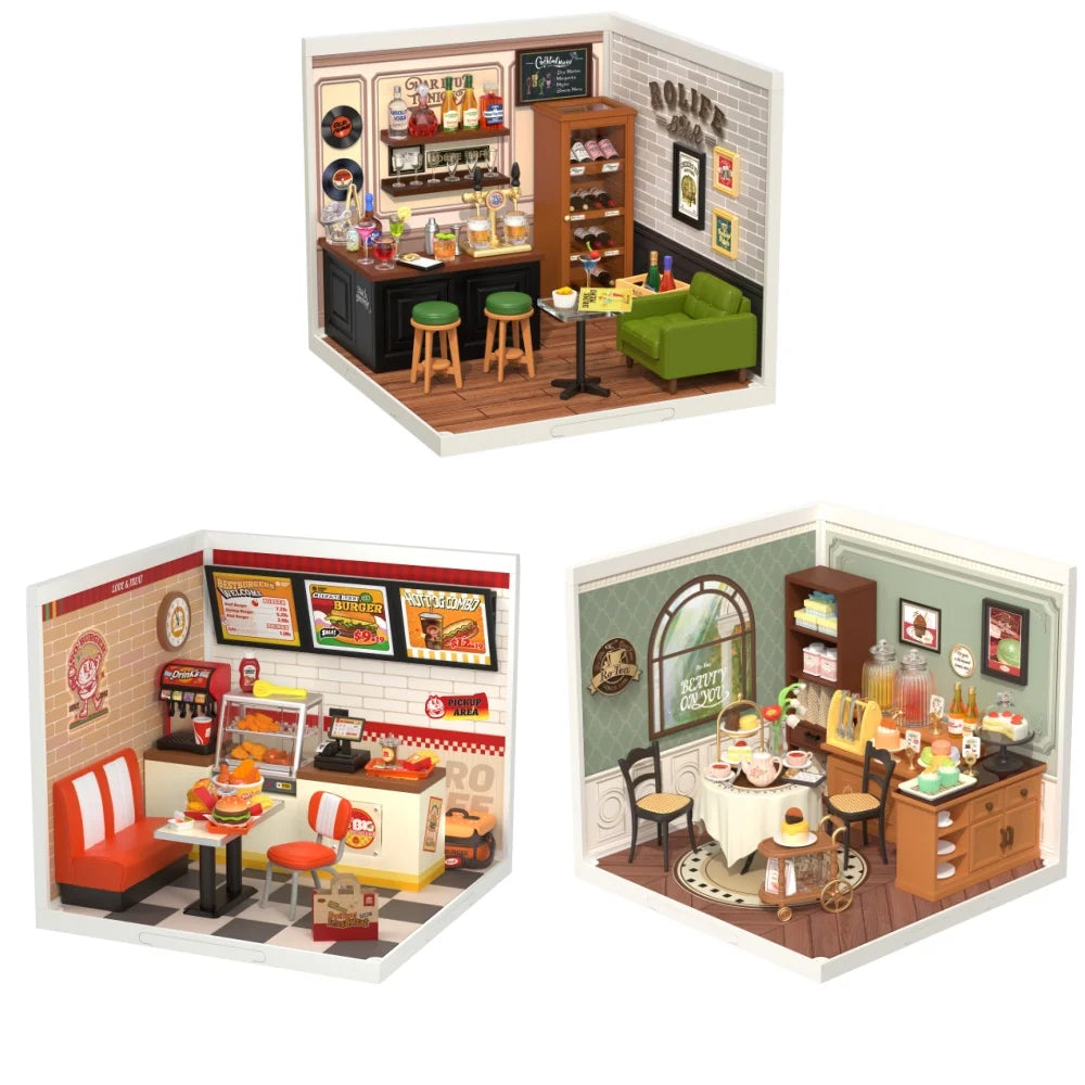3D wooden miniature shop puzzle kits with LED light, DIY burger bar and tea models