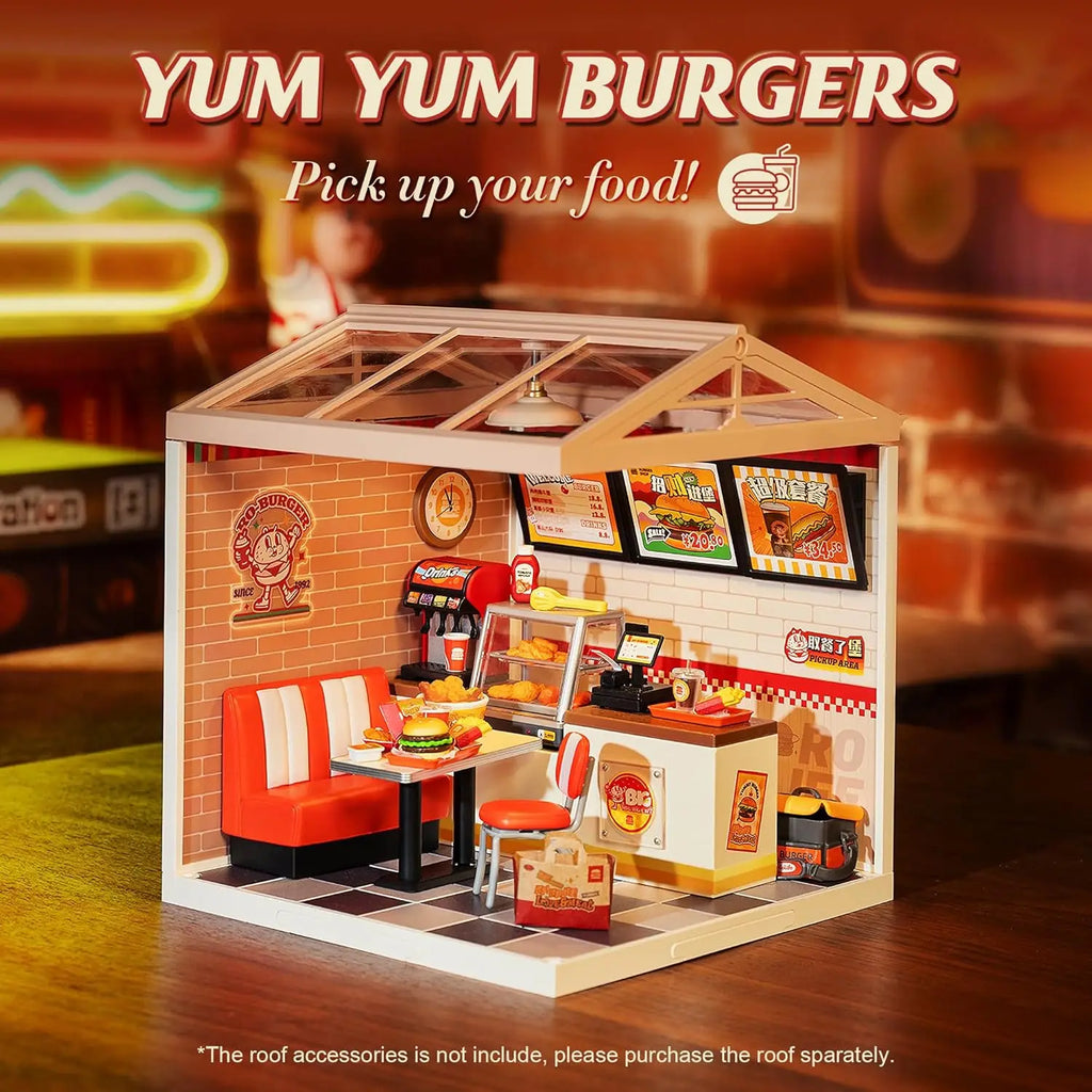 3D wooden miniature shop puzzle kits with LED light, DIY burger bar and tea models