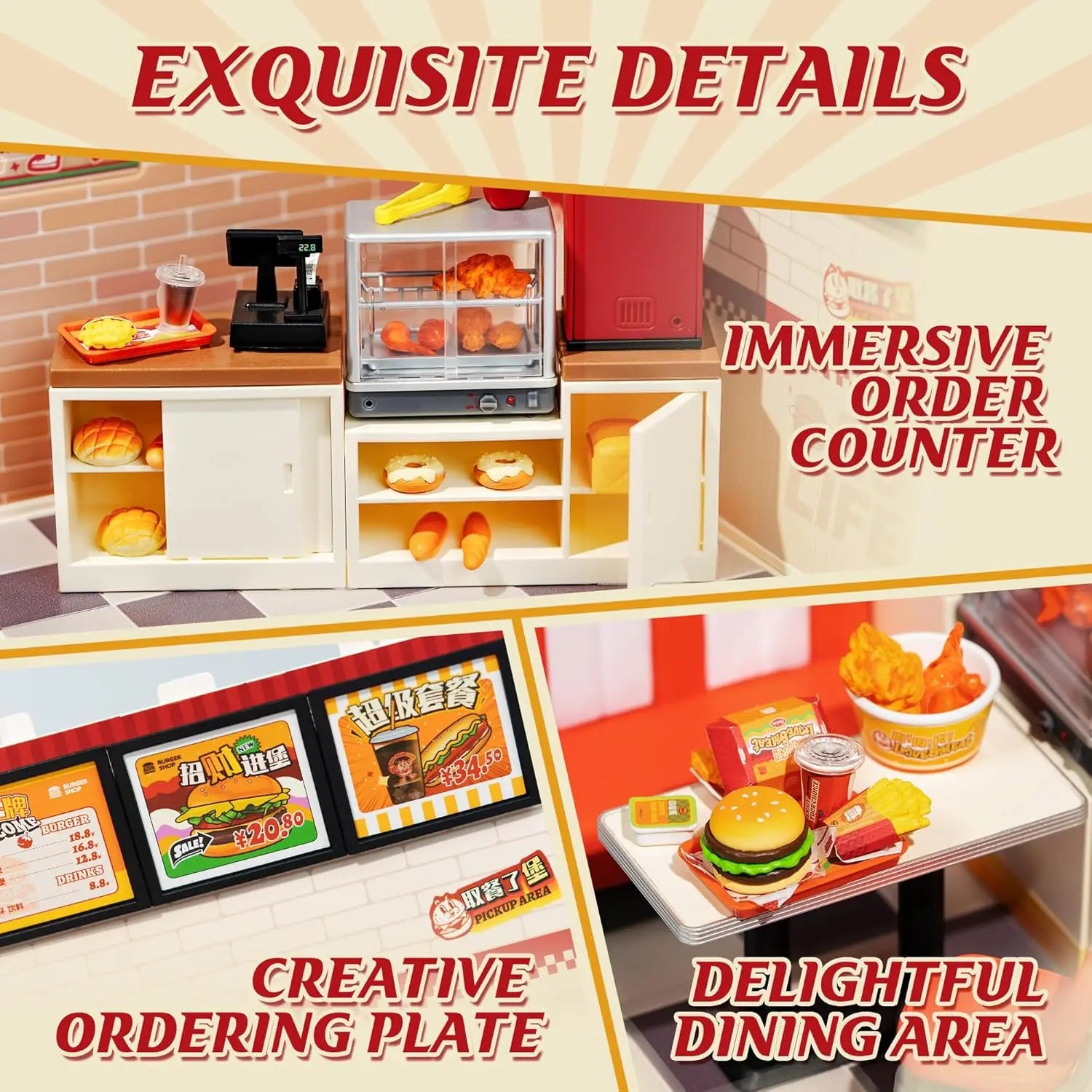 3D wooden miniature shop puzzle kits with LED light, DIY burger bar and tea models