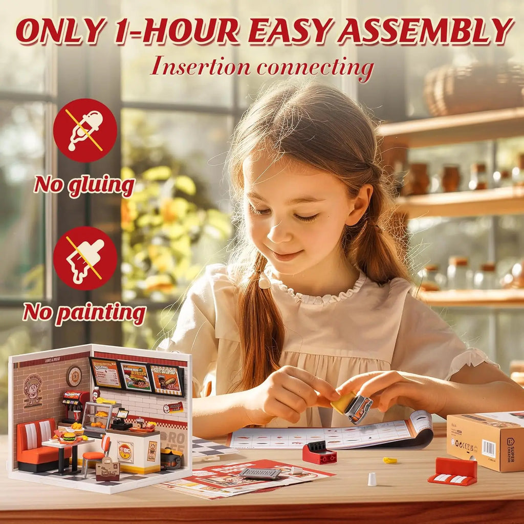 3D wooden miniature shop puzzle kits with LED light, DIY burger bar and tea models