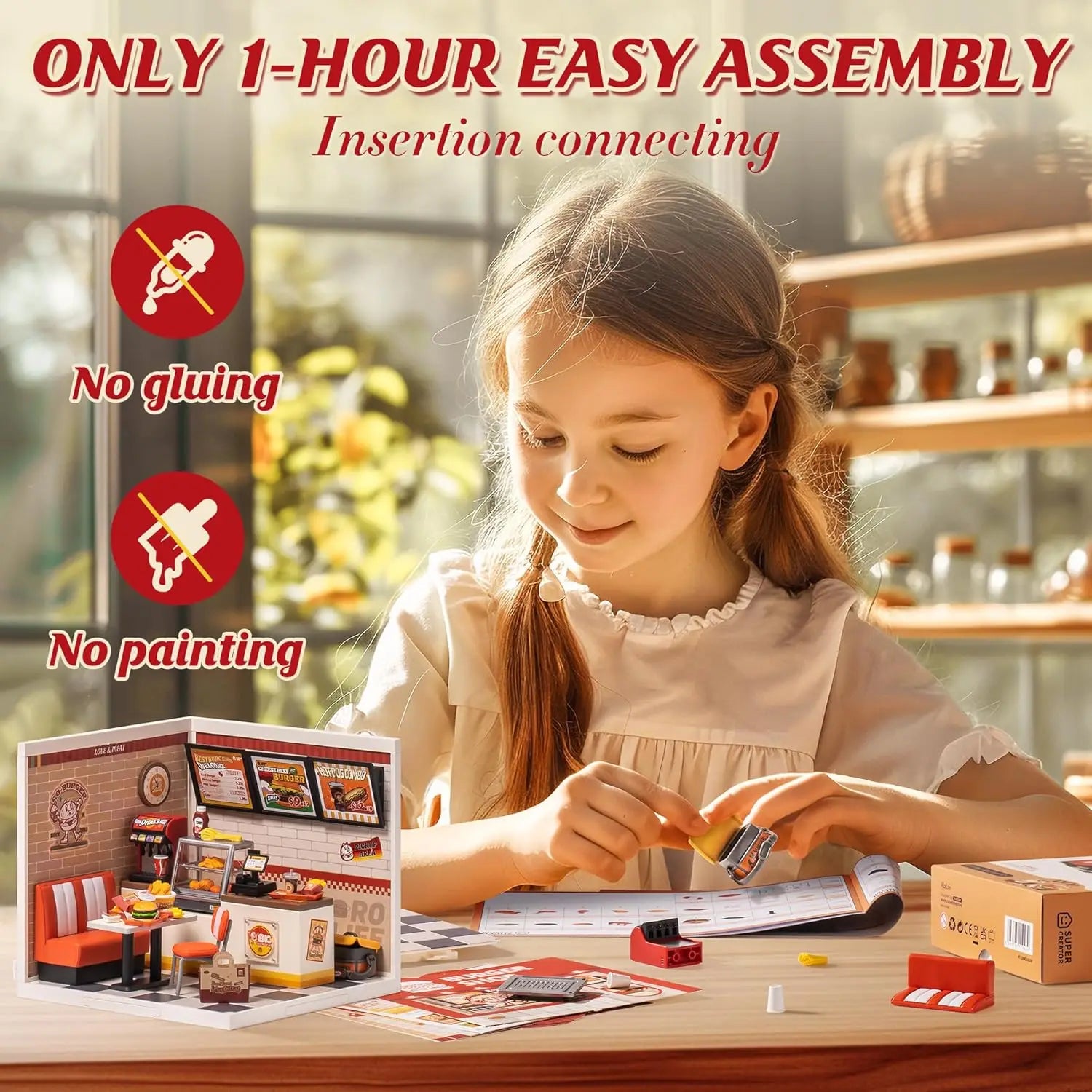 3D wooden miniature shop puzzle kits with LED light, DIY burger bar and tea models