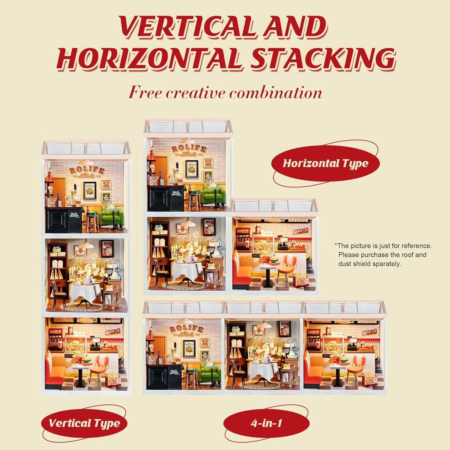 3D wooden miniature shop puzzle kits with LED light, DIY burger bar and tea models
