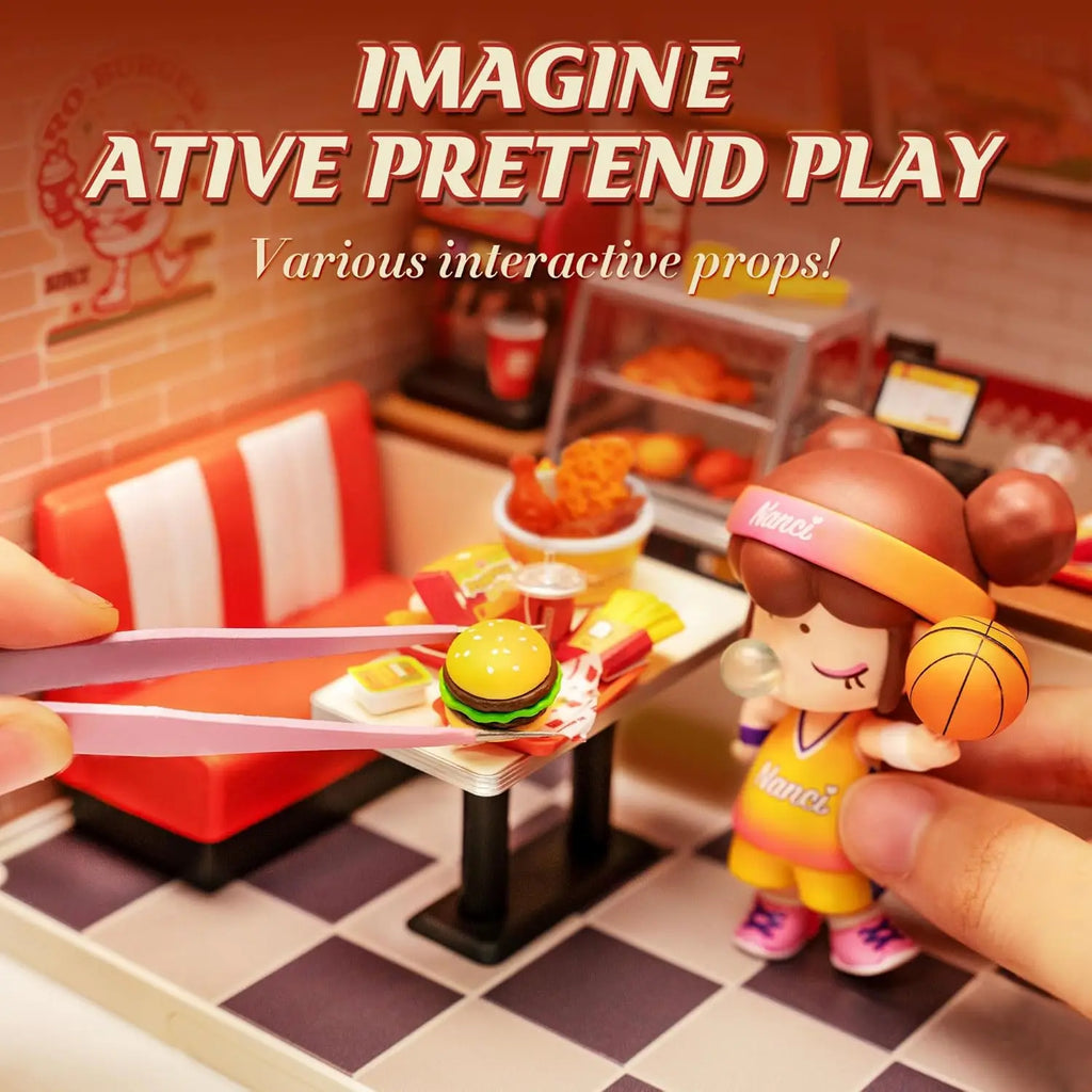 3D wooden miniature shop puzzle kits with LED light, DIY burger bar and tea models