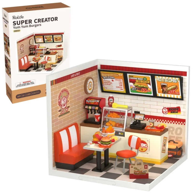 3D wooden miniature shop puzzle kits with LED light, DIY burger bar and tea models