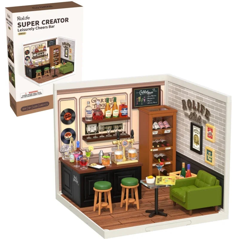 3D wooden miniature shop puzzle kits with LED light, DIY burger bar and tea models