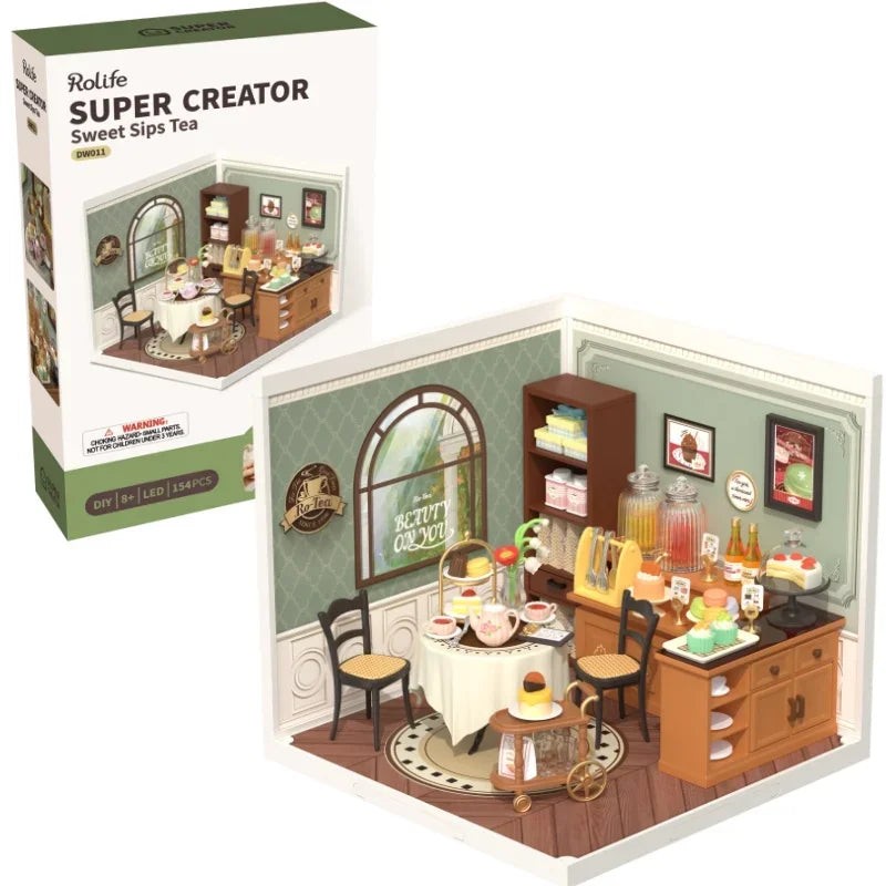 3D wooden miniature shop puzzle kits with LED light, DIY burger bar and tea models