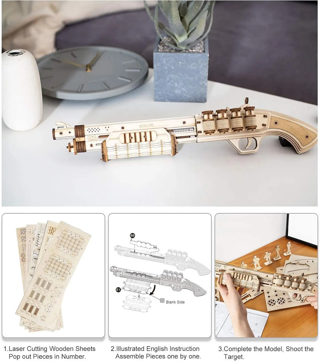 3D wooden toy gun puzzle, DIY mechanical model building kit for teens and adults