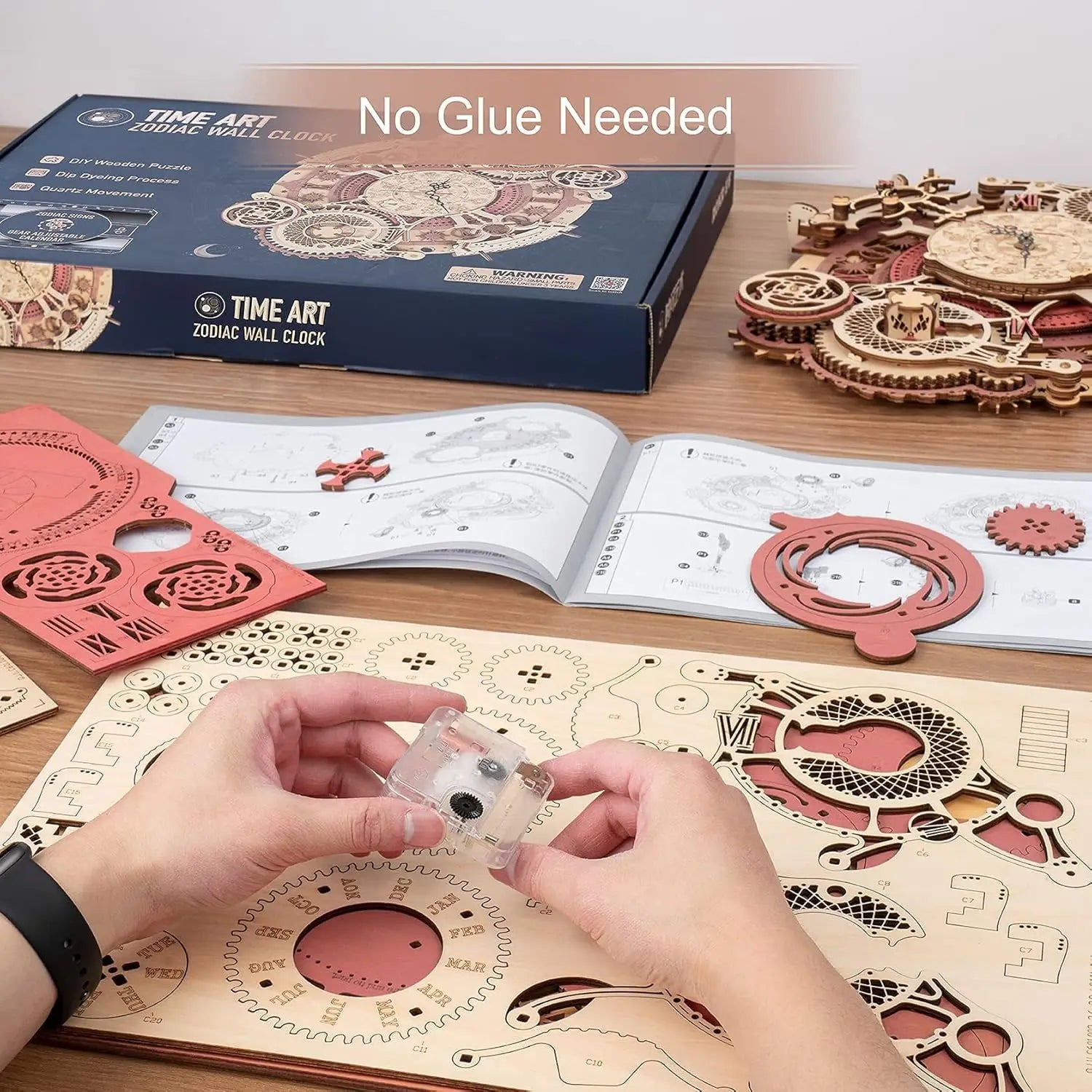 3D wooden wall clock puzzle, mechanical DIY building model kit for home decor
