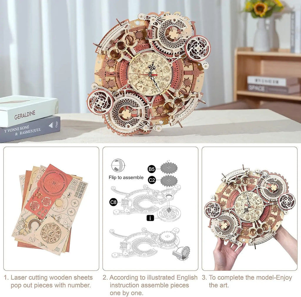 3D wooden wall clock puzzle, mechanical DIY building model kit for home decor