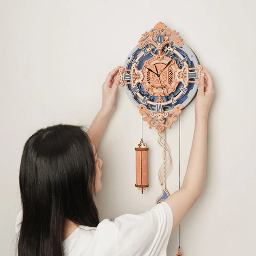 3D wooden quartz wall clock puzzle, mechanical DIY model kit for room decoration